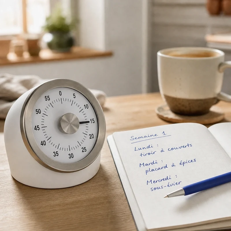 Minuteur de cuisine réglé sur 15 minutes à côté d'un carnet listant les zones de la semaine 1