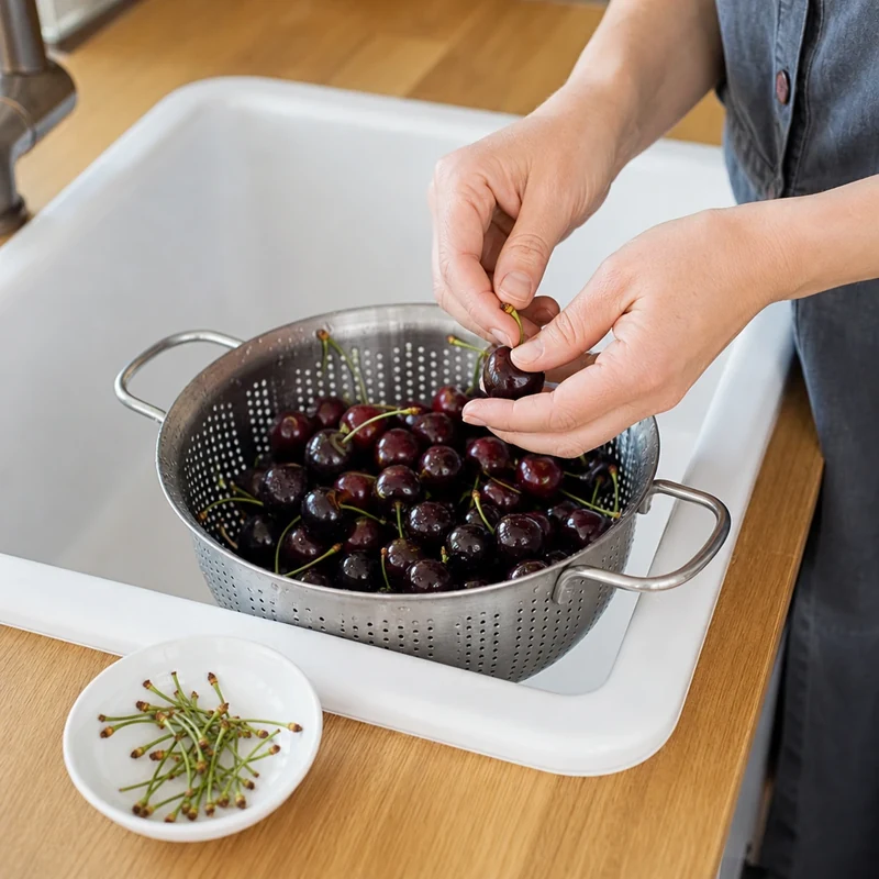 Équeutage des cerises Bigarreau pour clafoutis traditionnel avec noyaux