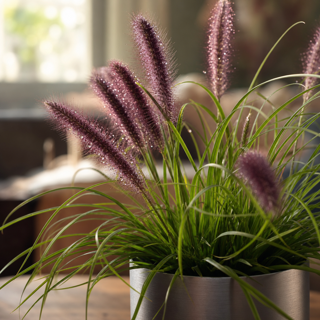 Gros plan d'épis de Pennisetum alopecuroides en pot zinc