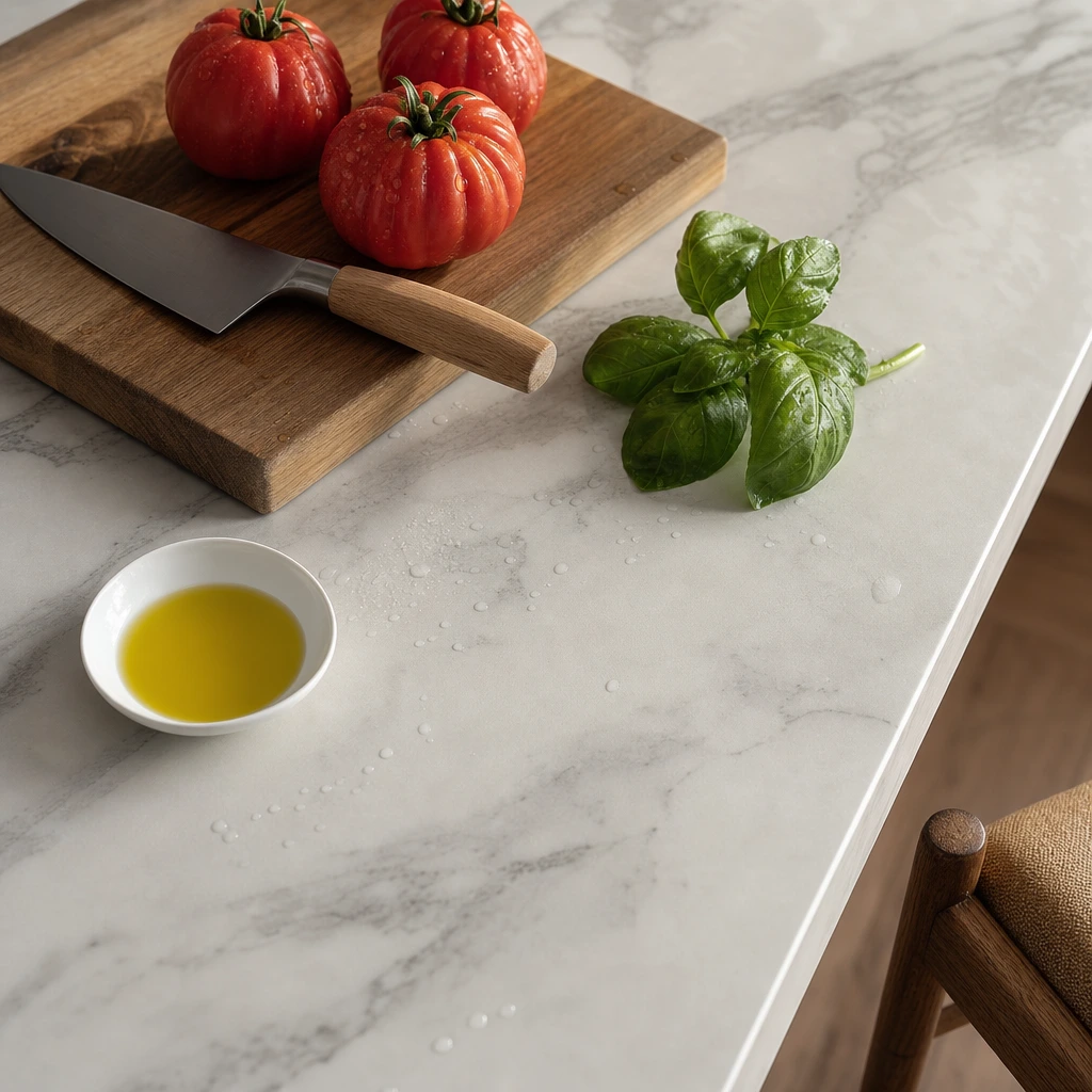 Plan de travail en céramique blanc veiné gris avec tomates cœur de bœuf, basilic frais et huile d'olive en gouttelettes