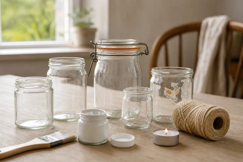 Bocaux en verre récupérés alignés avec peinture blanche et ficelle pour fabriquer des photophores