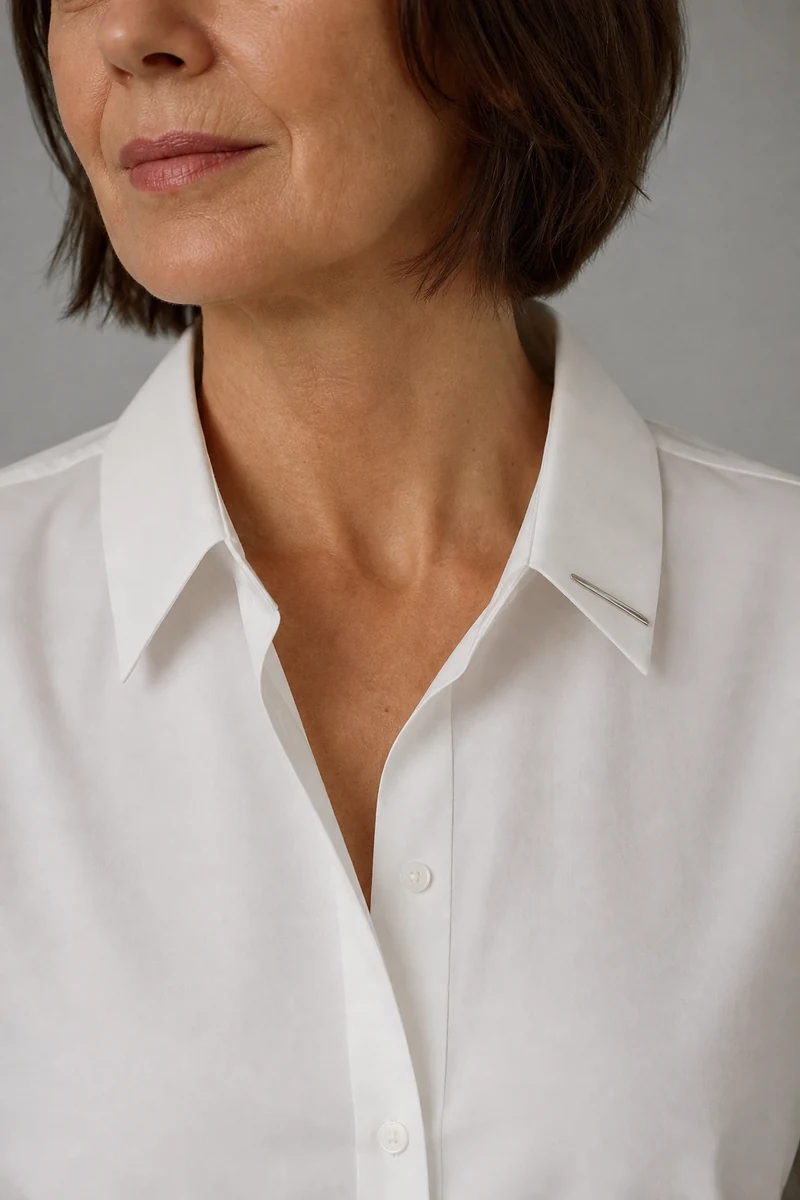 Femme portant une fine broche argentée géométrique sur col de chemise blanche