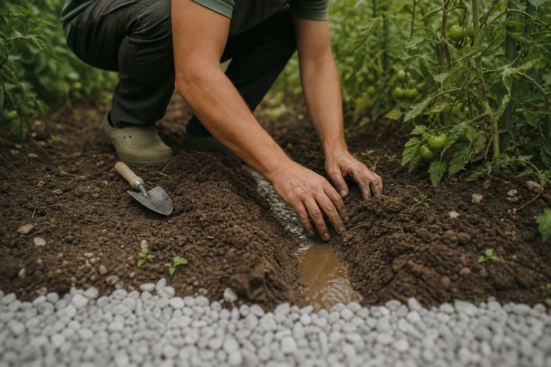Drainage d'une flaque persistante au potager avec une petite rigole d'évacuation
