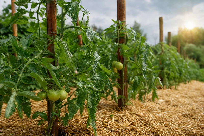 Tomates paillées et tuteurées au potager après une averse de juin