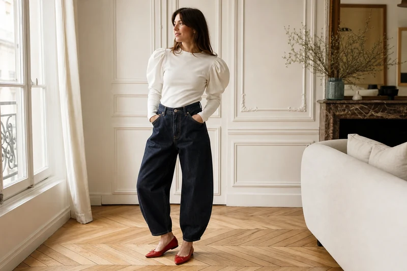 Jeans balloon denim brut et top blanc à manches sculpturales avec ballerines rouges