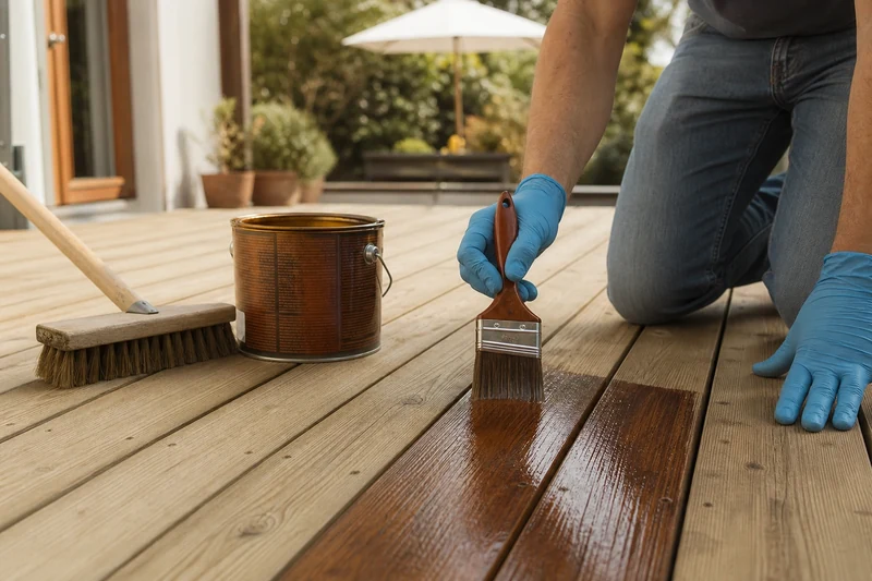 Application d'un saturateur brun sur des lames de terrasse en bois avec pinceau plat