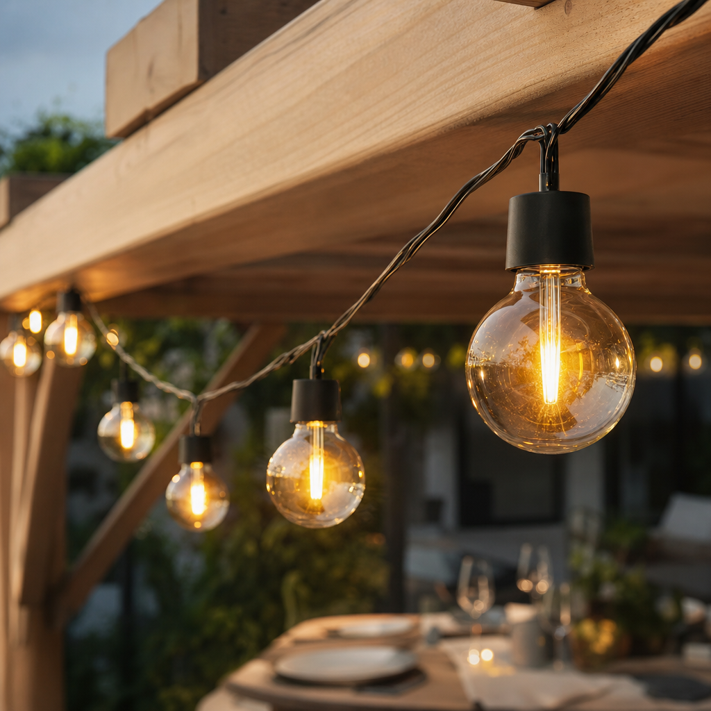 Guirlande lumineuse solaire à LED filament au-dessus d'une table de terrasse