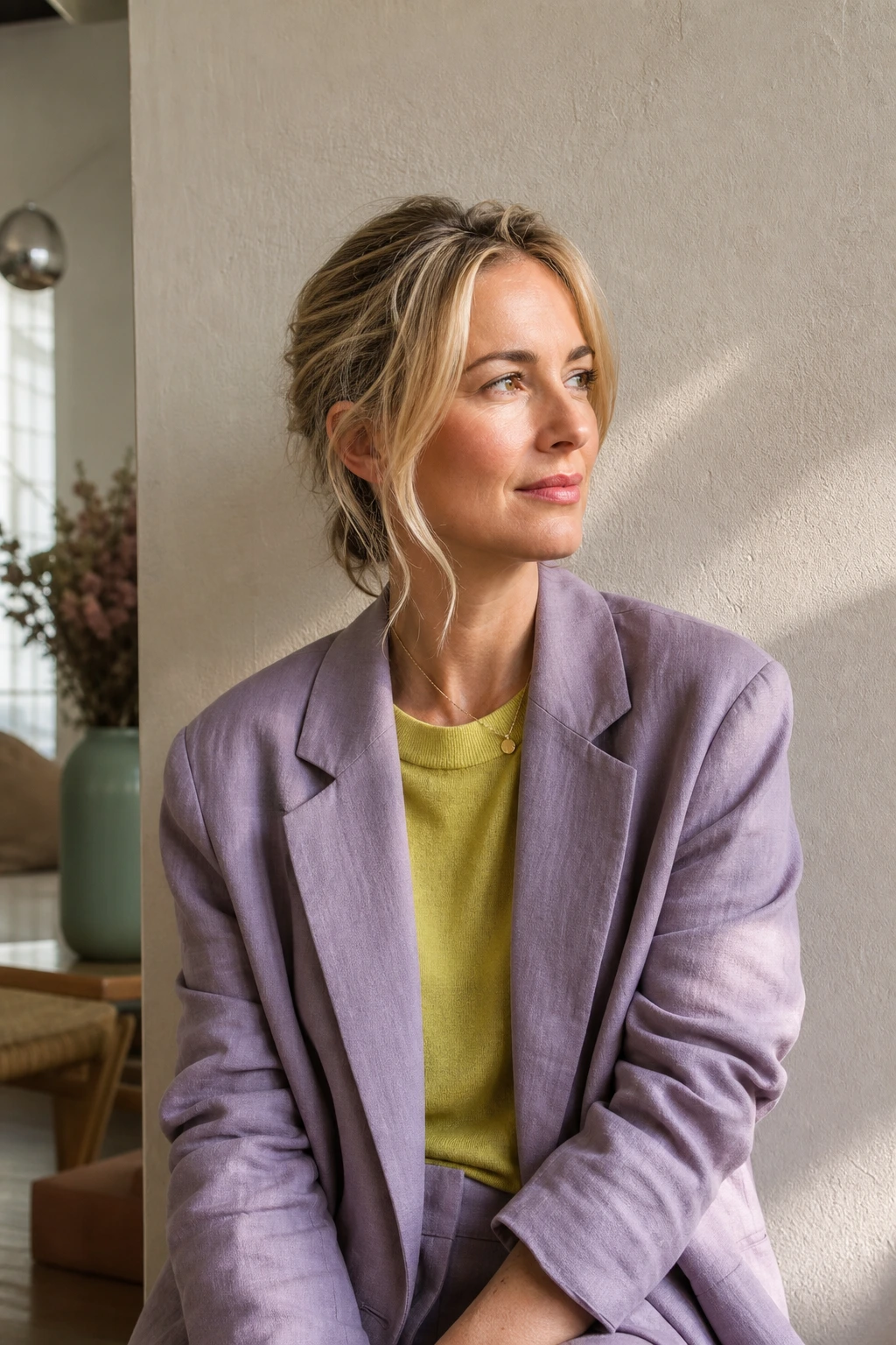 Duo color block lavande Burnished Lilac et jaune-vert Acacia sur blazer en lin et top en maille