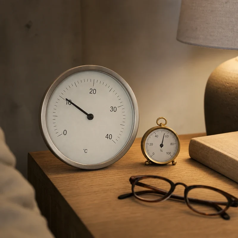 Thermomètre d'intérieur indiquant 18 à 19 °C dans une chambre, température idéale recommandée par l'INSV
