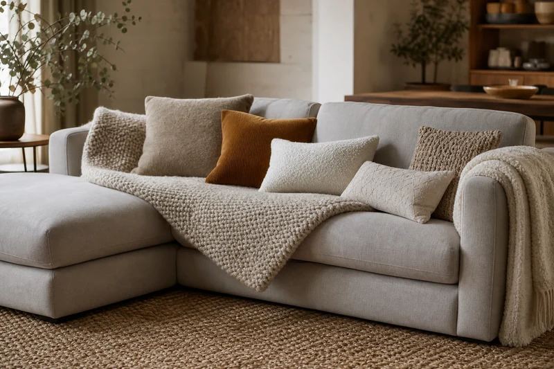 Canapé habillé de plaids et coussins bouclette dans une déco cocon