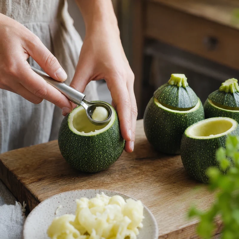 Évider une courgette ronde à la cuillère parisienne pour la farcir