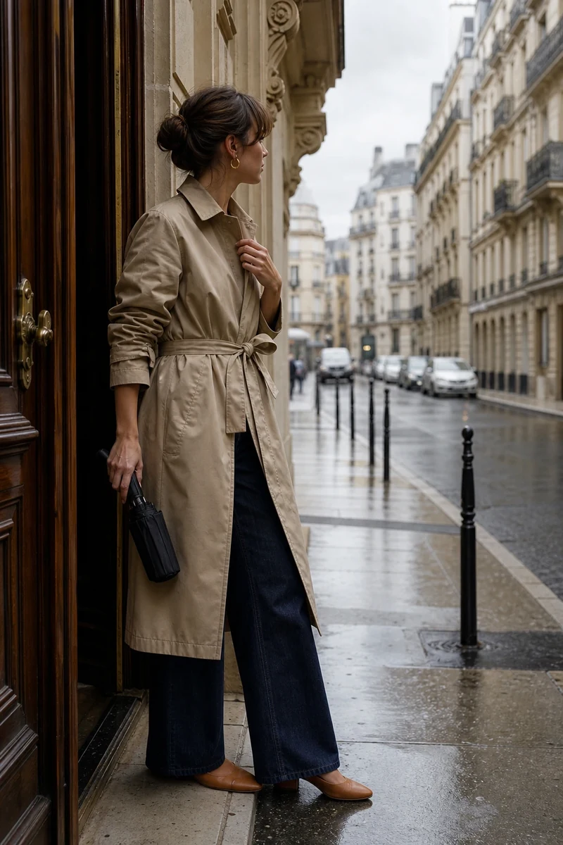 Femme nouant la ceinture d'un trench beige avant de sortir sous l'averse