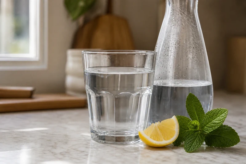 Verre d'eau du robinet à température ambiante avec citron et menthe sur un plan de travail clair