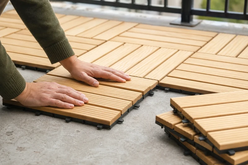 Pose de dalles caillebotis bois clipsable sur la dalle béton d'un petit balcon