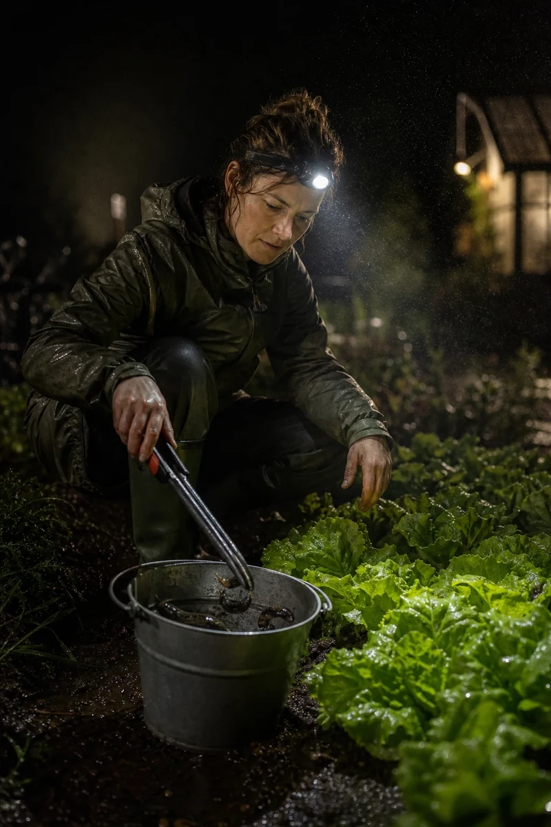 Jardinière ramassant des limaces à la lampe frontale dans un potager nocturne après la pluie