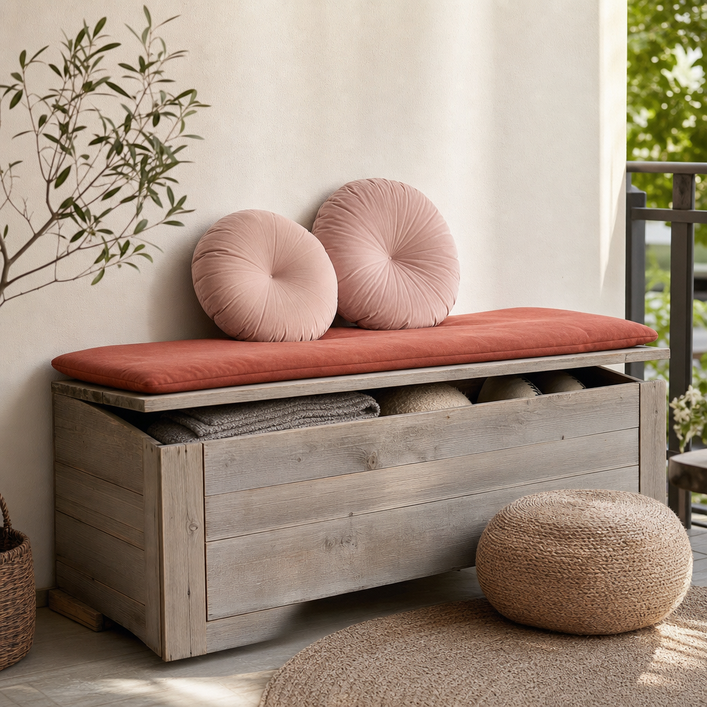 Banc-coffre en bois sur balcon, couvercle entrouvert montrant le rangement intérieur