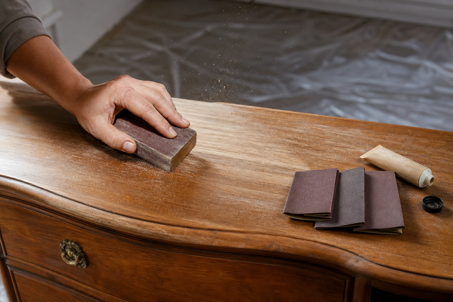 Ponçage d'une commode au papier abrasif grain 80 dans le sens du fil du bois