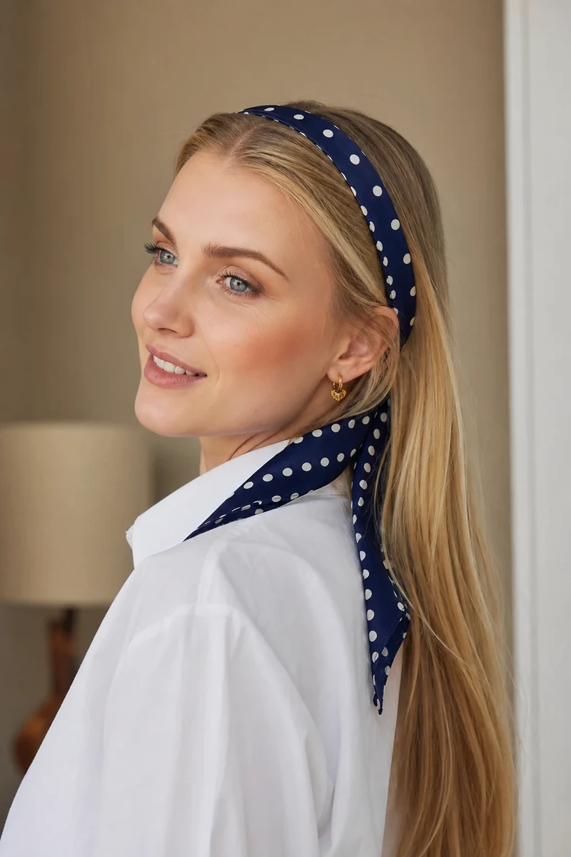 Bandeau Bardot en soie bleu marine à pois blancs sur cheveux blonds longs lisses