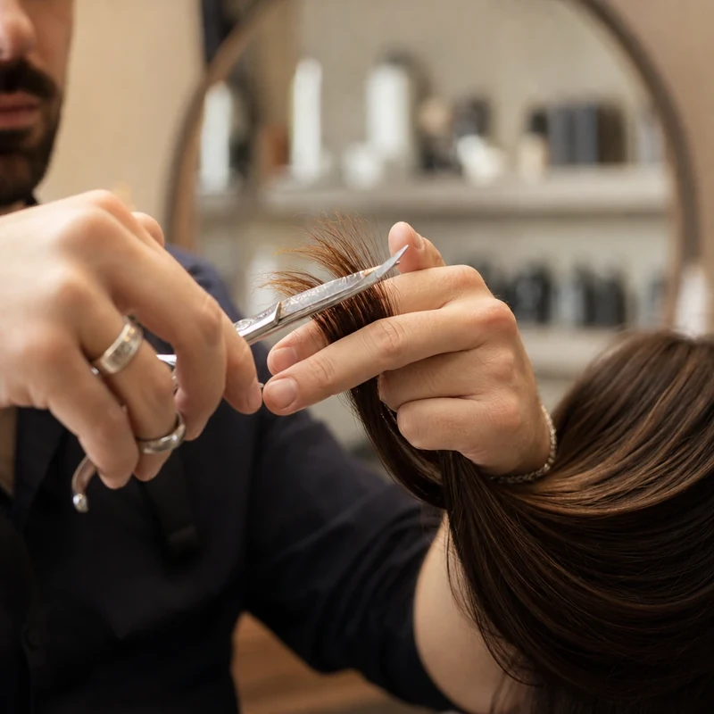 Coiffeur français réalisant un dégradé fondu aux ciseaux sur cheveux bruns mi-longs