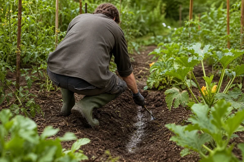 Sillon de drainage tracé à la serfouette entre deux planches de potager détrempé