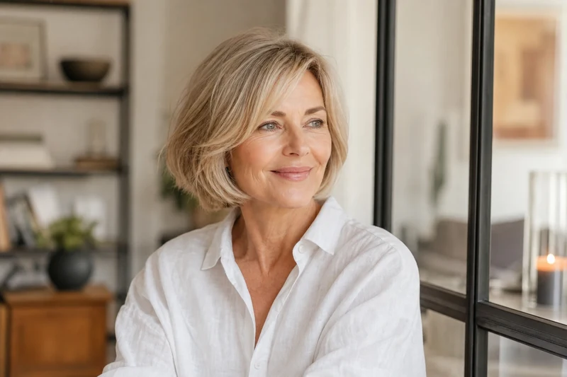 Carré à la française dégradé blond cendré sur femme de 52 ans en chemise blanche