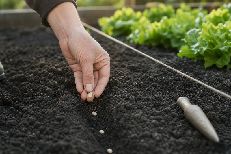 Semis de haricots verts en juin dans un sillon de potager