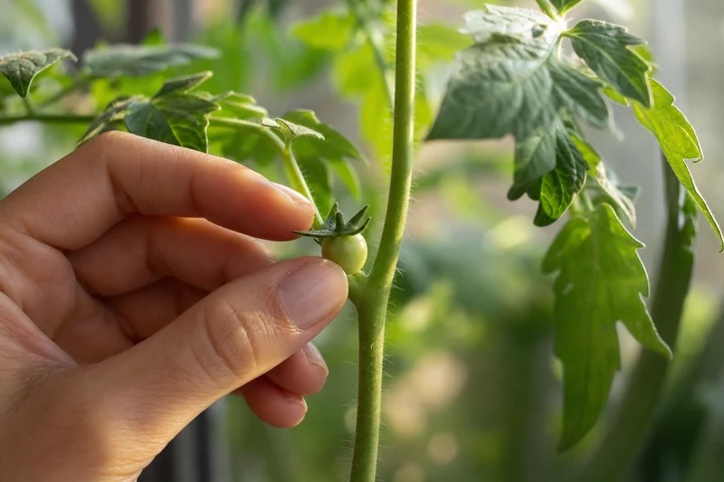 Main pinçant un gourmand de tomate de moins de 3 cm à l'aisselle d'une feuille