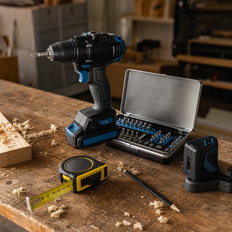 Coffret outils visseuse niveau laser cadeau pour papa bricoleur sur établi en bois