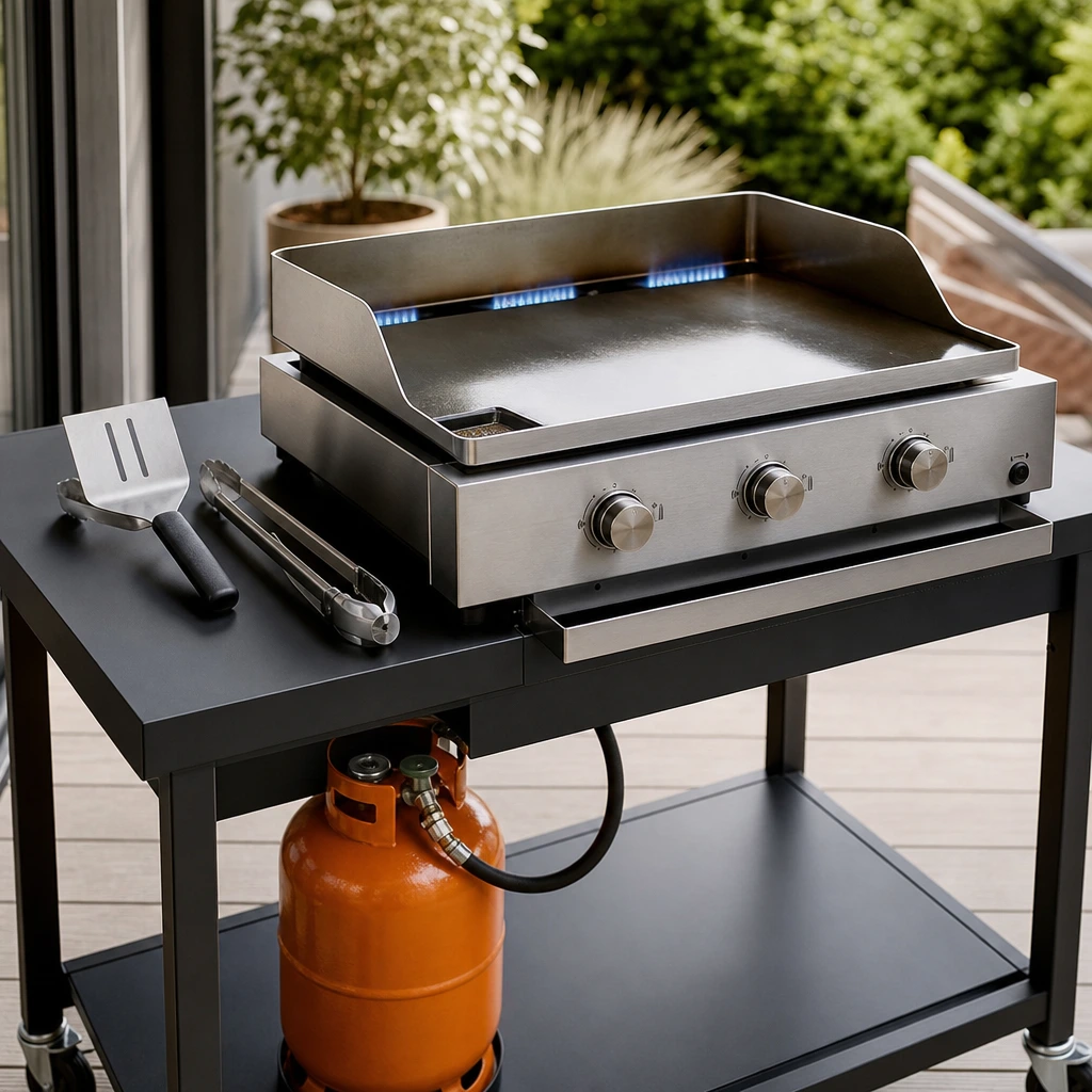 Plancha gaz inox 3 brûleurs sur desserte à roulettes avec bouteille de propane — solution mobile niveau 1