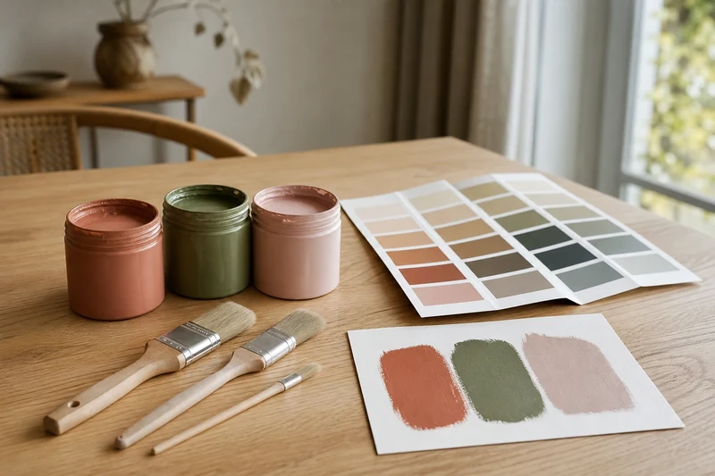 Trois testeurs de peinture terracotta, vert olive et argile avec pinceaux et carte de comparaison