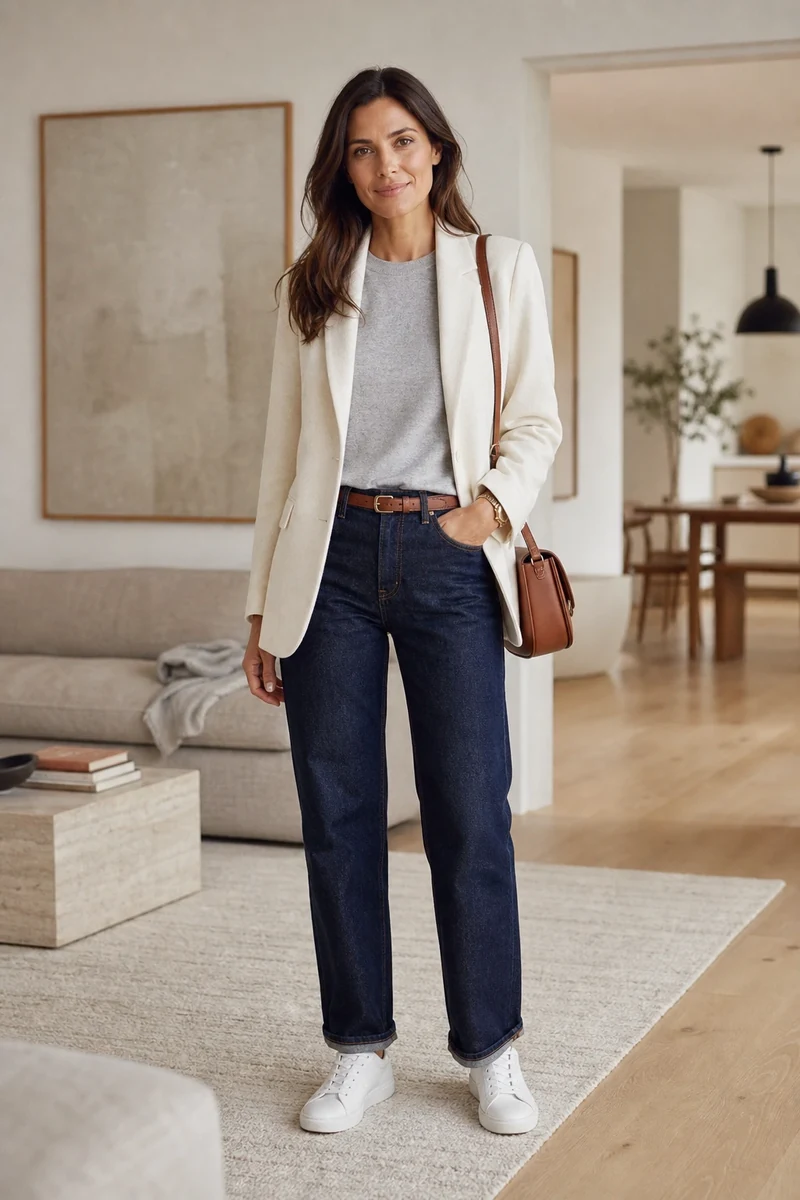 Look 1 streetwear chic : blazer écru, sweat gris, jean droit et sneakers blanches