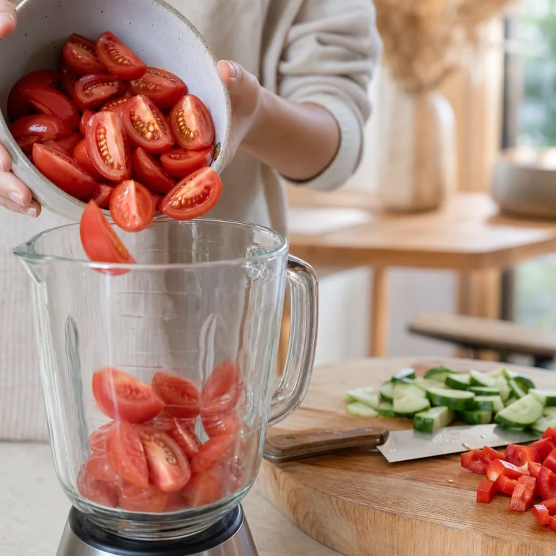 Tomates coupées en quartiers déposées dans le bol d'un blender avec des morceaux de concombre et de poivron