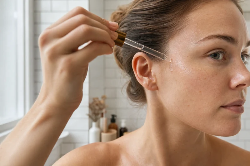 Application d'une goutte de sérum à l'acide hyaluronique sur peau humide