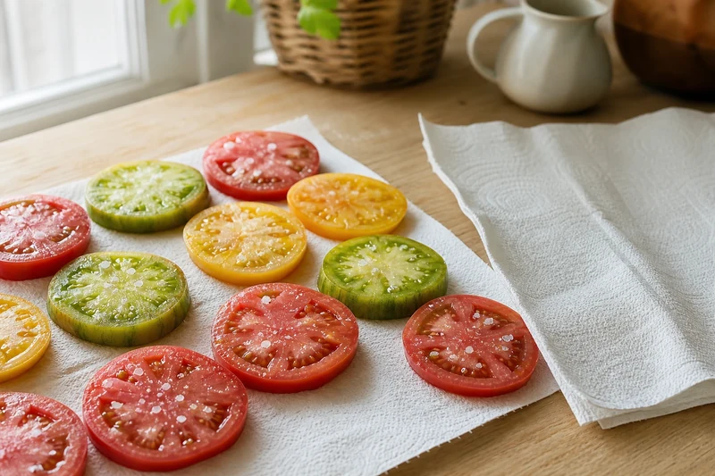 Rondelles de tomates anciennes en train de dégorger sur du papier absorbant