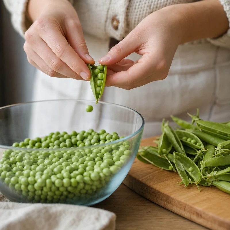Mains écossant des petits pois frais au-dessus d'un saladier en verre