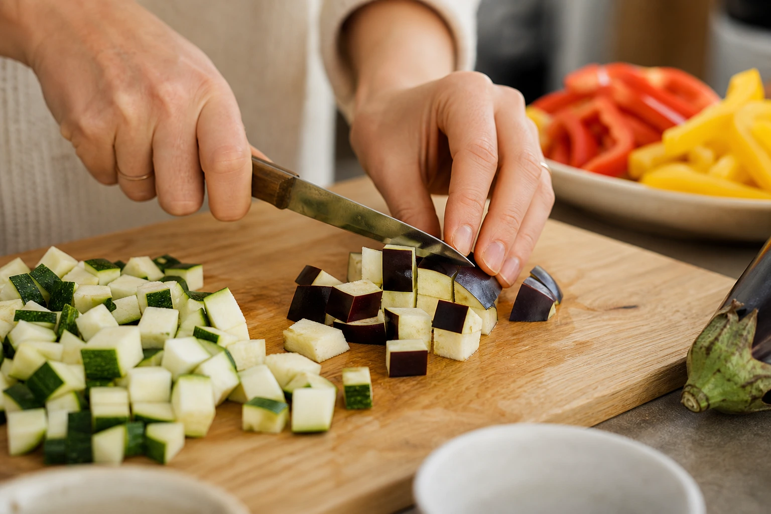 Découpe des aubergines et courgettes en dés de 2 cm pour la ratatouille