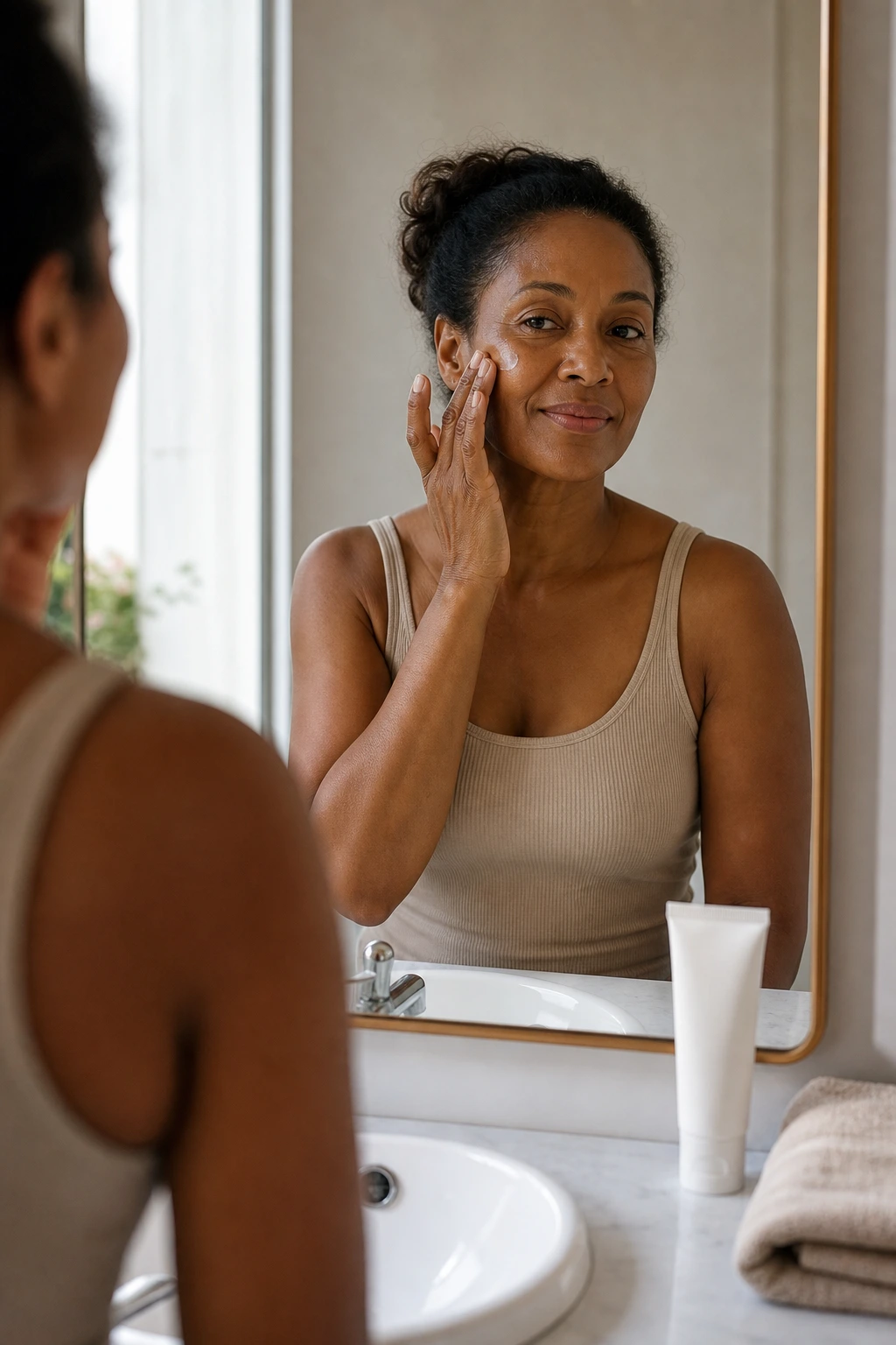Femme à la peau mate appliquant une crème solaire visage SPF 50 large spectre