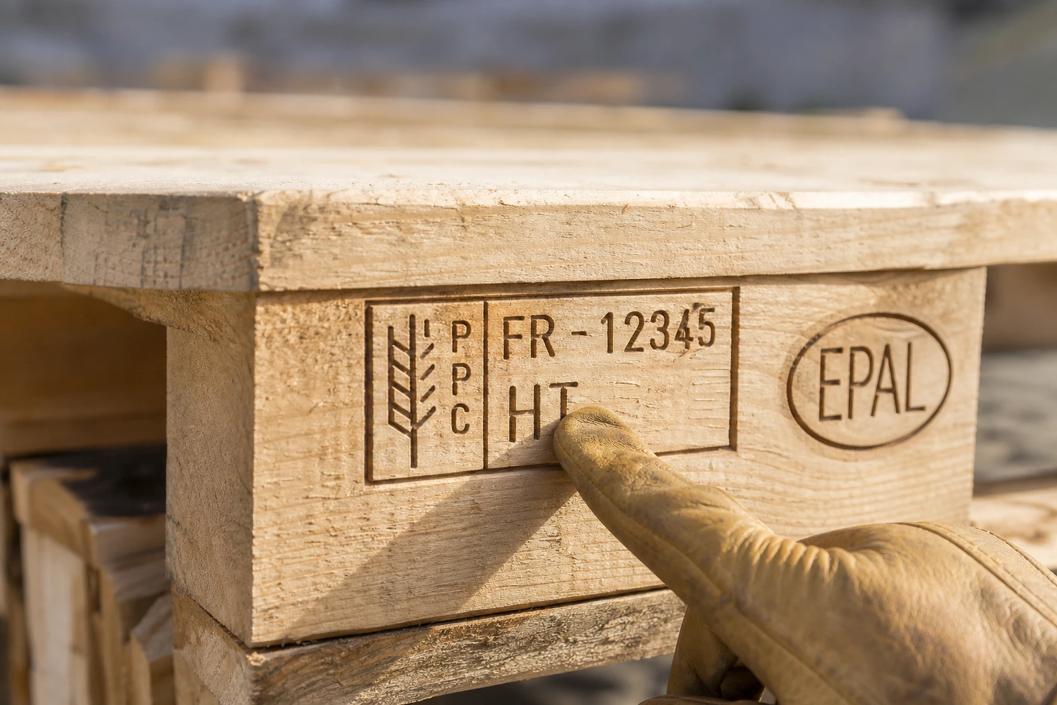 Cartouche IPPC d'une palette Europe avec marquage HT et logo EPAL pointé du doigt