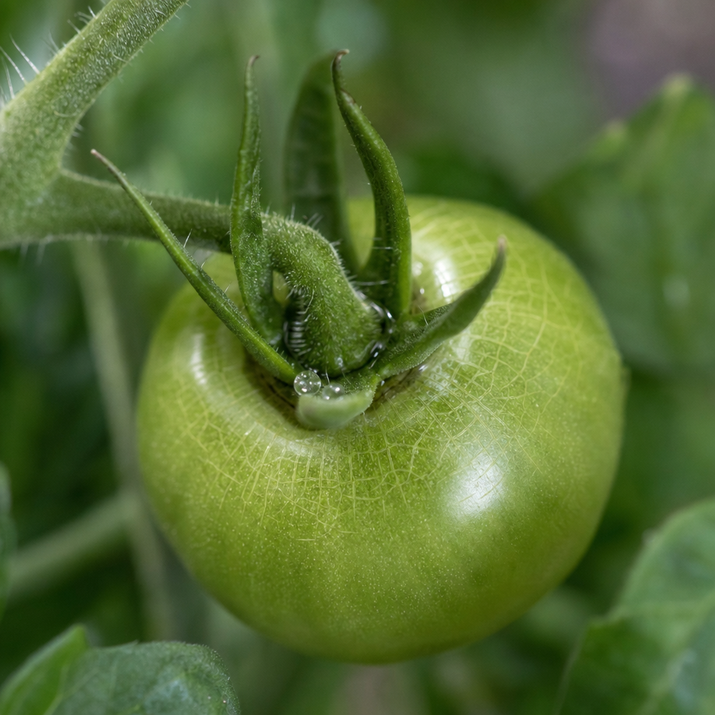 Micro-craquelures circulaires sur une tomate verte au point d'attache du pédoncule