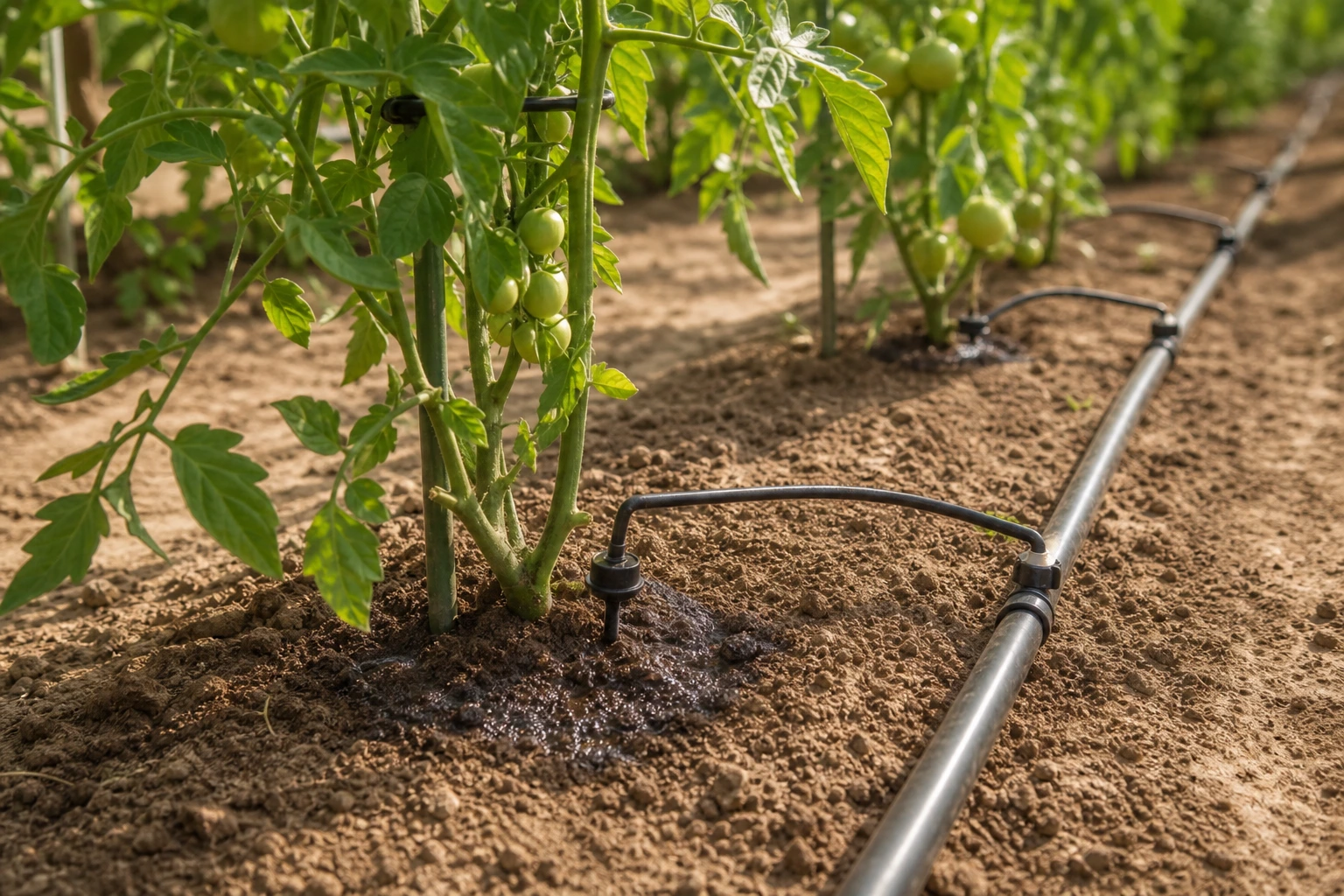 Installation d'un goutteur sur tuyau goutte-à-goutte dans une plate-bande paillée