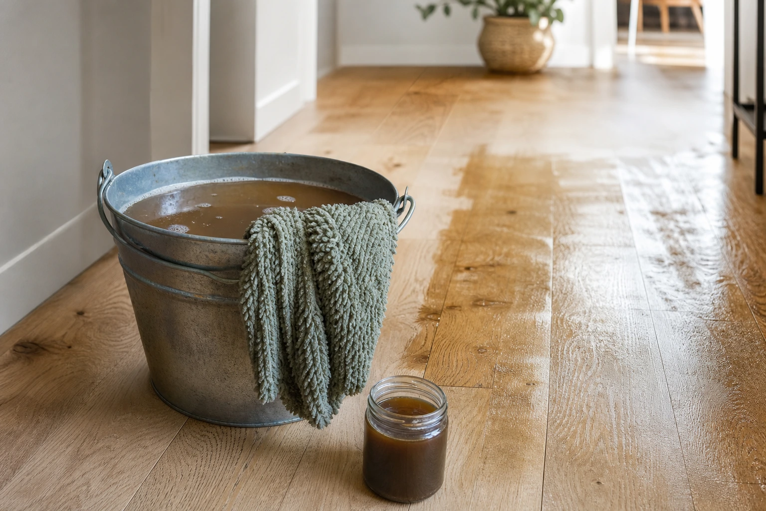 Seau d'eau chaude au savon noir et serpillère microfibre prêts pour nettoyer un parquet en chêne.