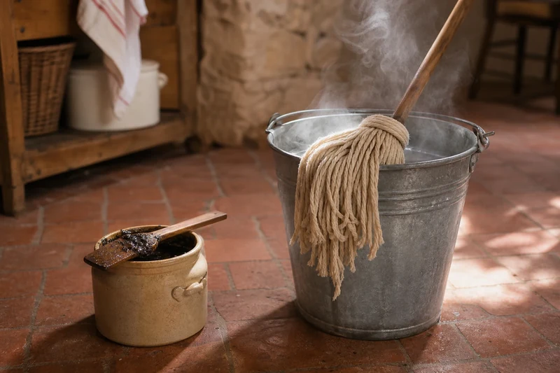 Préparation du savon noir dilué dans de l'eau chaude pour laver un sol en tomettes
