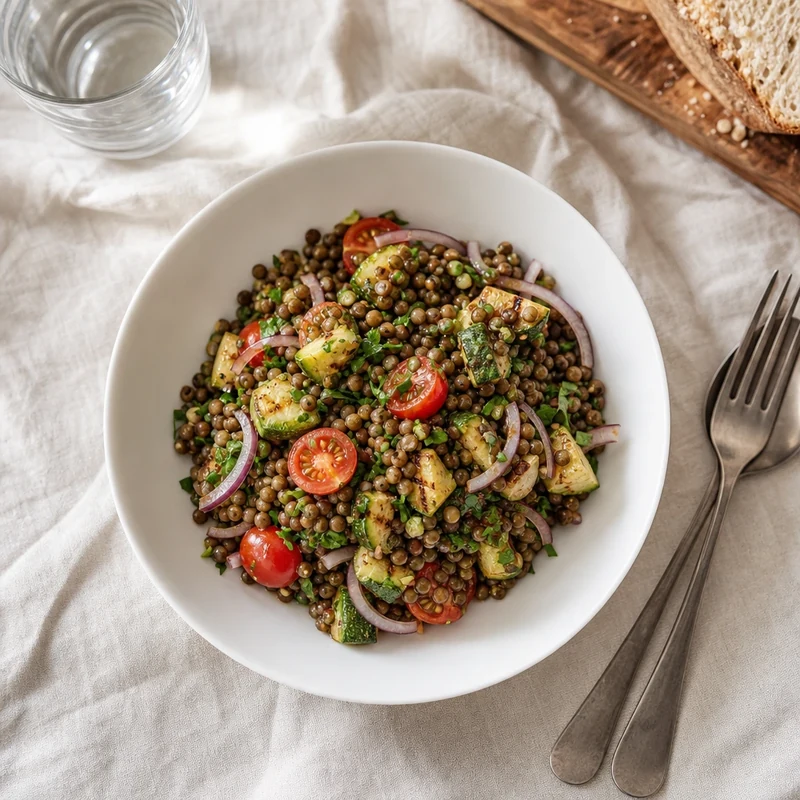 Salade de lentilles vertes du Puy avec courgettes grillées, tomates cerises et persil frais