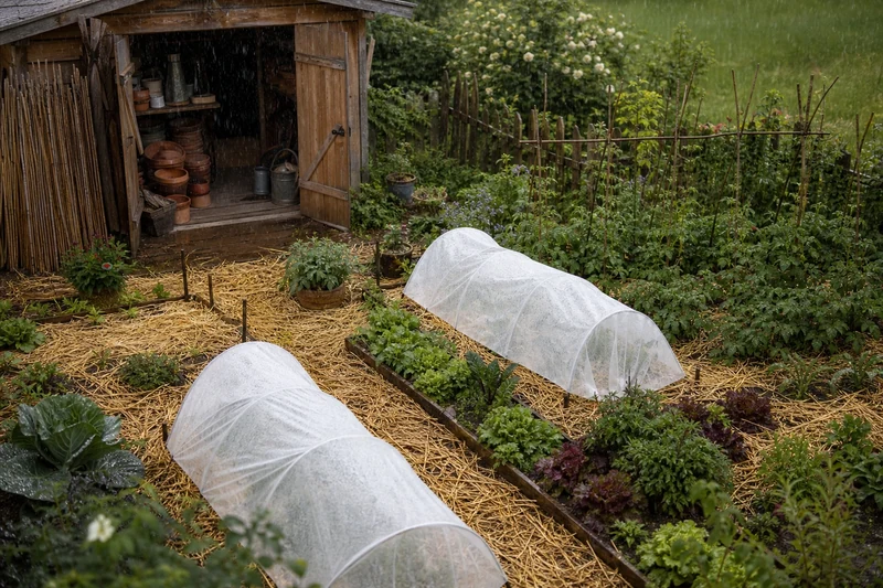 Potager français sous la pluie avec voiles horticoles et paillage