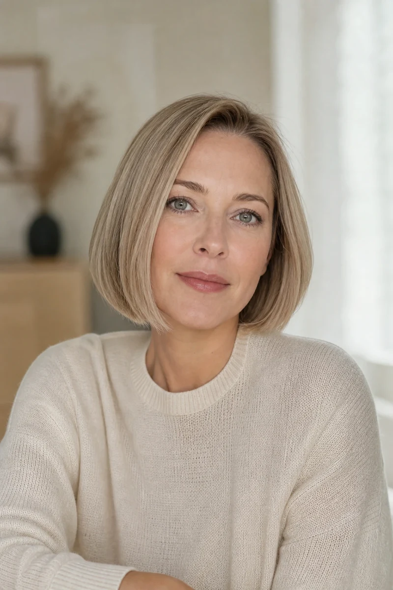 Japanese Bob sur cheveux fins blond cendré, effet de densité visible à la ligne