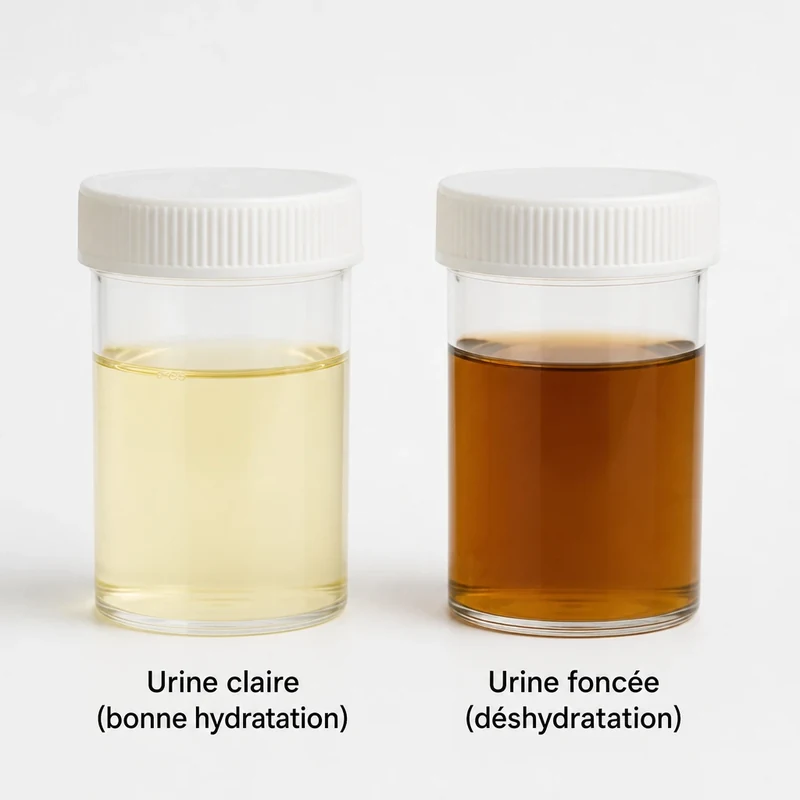 Comparaison entre urine claire signe de bonne hydratation et urine foncée signe de déshydratation
