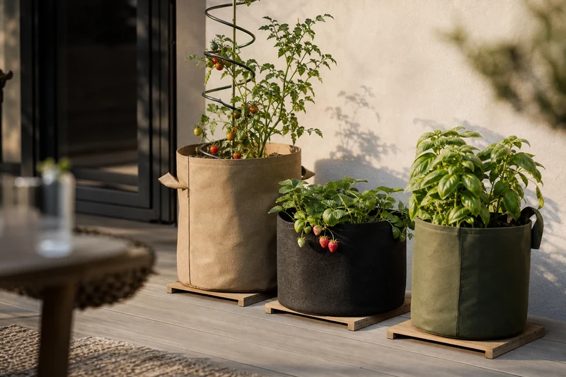 Trois grow bags en géotextile plantés de tomate cerise, fraisier et basilic sur un balcon