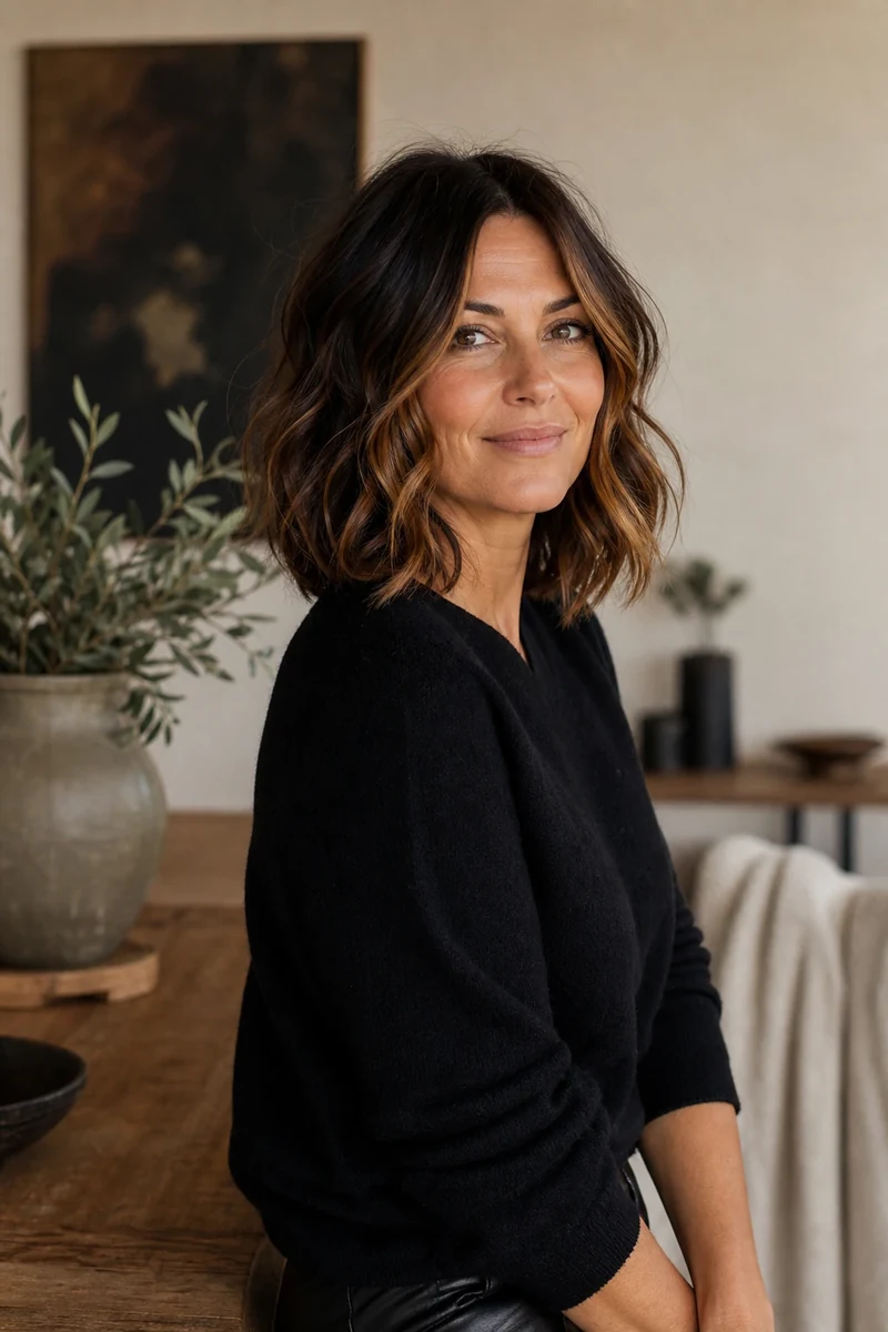 Femme brune chocolat avec balayage cinnamon brunette aux reflets cannelle encadrant le visage