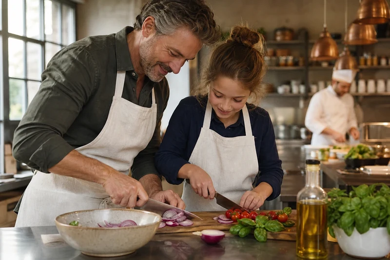 Atelier cuisine parent-enfant pour la Fête des Pères, père et fille préparant un plat ensemble