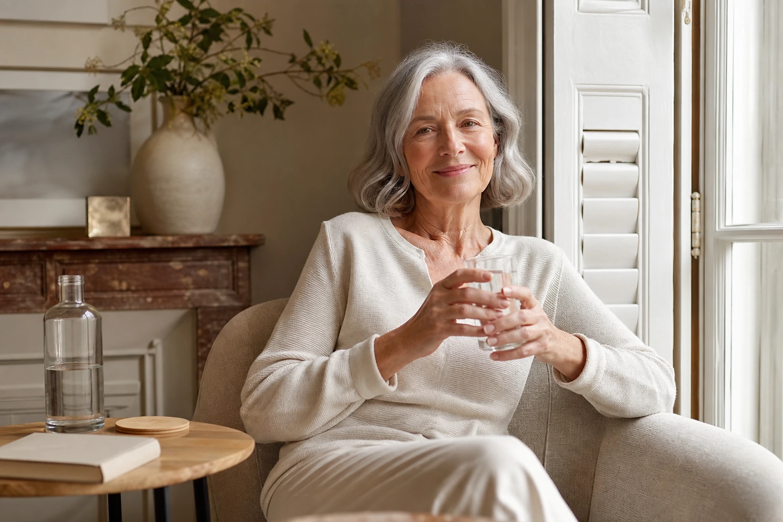 Femme senior buvant un verre d'eau dans son salon, prévention de la déshydratation